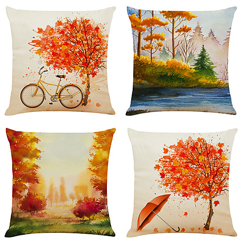 

Set of 4 Full Of Autumn Linen Square Decorative Throw Pillow Cases Sofa Cushion Covers 18x18