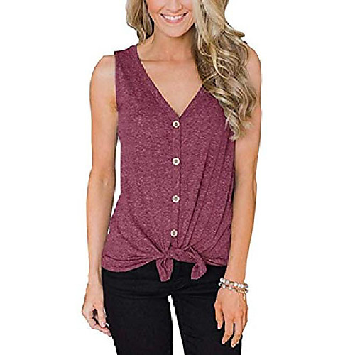 

women's sleeveless tops tie knot button down loose fitting casual blouse curved hemline shirts wine red