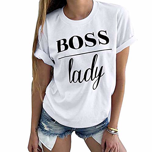 

women's plus size tops cute graphic letter boss lady print summer casual cotton t-shirt short sleeve tees tops (white, s (us 2-4))