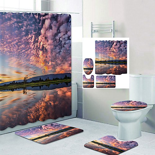 

Pink Fire Cloud Small Lake Digital Printing Four-piece Set Shower Curtains and Hooks Modern Polyester Machine Made Waterproof Bathroom