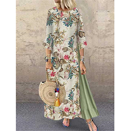 

Women's Shift Dress Maxi long Dress Purple Orange Dusty Blue 3/4 Length Sleeve Print Patchwork Print Fall Round Neck Casual Vintage 2021 S M L XL XXL 3XL 4XL 5XL