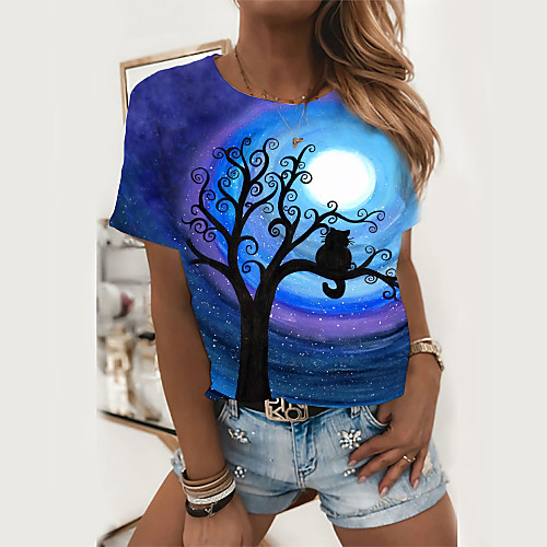 

Women's T shirt Tie Dye Graphic Prints Animal Print Round Neck Tops Basic Basic Top Blue Gray