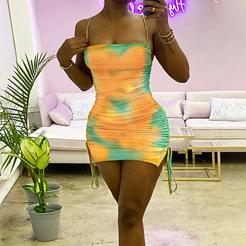 

Women's Sheath Dress Short Mini Dress Yellow Sleeveless Tie Dye Print Fall Elegant Casual 2021 S M L