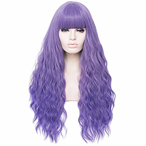 

women's long wavy lavender purple wig with bangs 26'' pastel curly lolita hair wig heat resistant halloween party cosplay wigs with cap