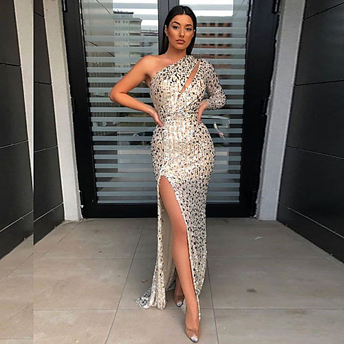 

Women's Sheath Dress Maxi long Dress Khaki Long Sleeve Solid Color Sequins Split Fall Summer One Shoulder Sexy Party Slim 2021 S M L XL XXL
