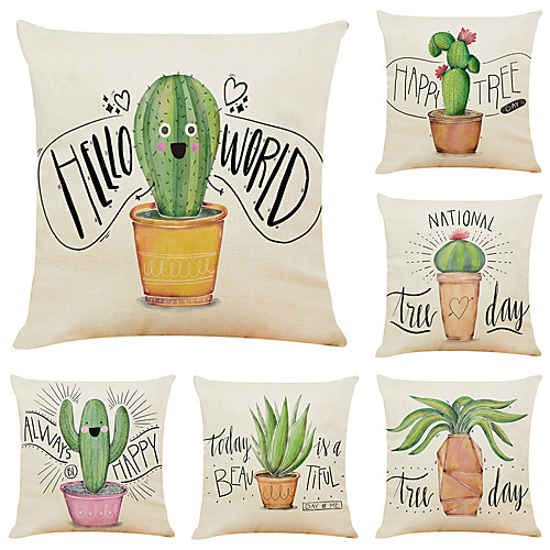 

Set of 6 Cactus Linen Square Decorative Throw Pillow Cases Sofa Cushion Covers 18x18