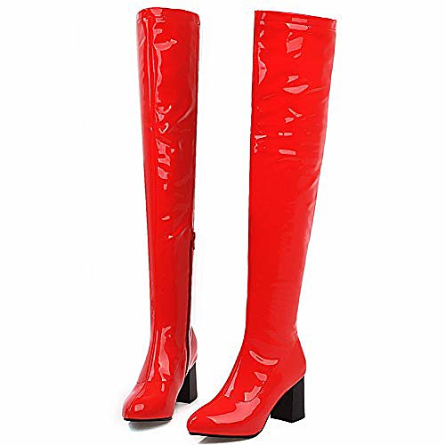 

women& #39;s fashion bright patent leather chunky heels elastic over the knee high boots