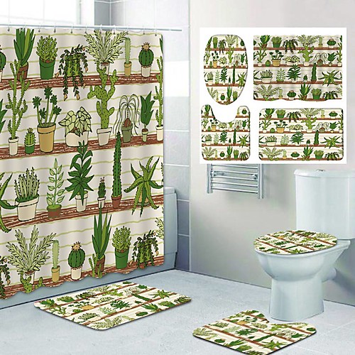 

Prickly Pear Green Plant Pattern PrintingBathroom Shower Curtain Leisure Toilet Four-Piece Design