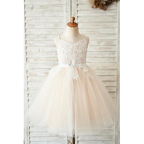 

Ball Gown Knee Length Wedding / Birthday Flower Girl Dresses - Lace / Tulle Sleeveless Spaghetti Strap with Belt / Crystals