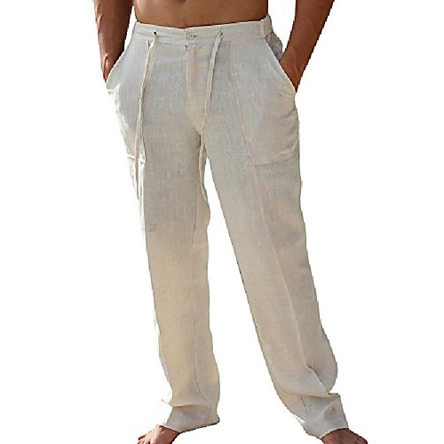 

mens linen pants beach casual summer elastic waist drawstring loose fit trousers with pockets