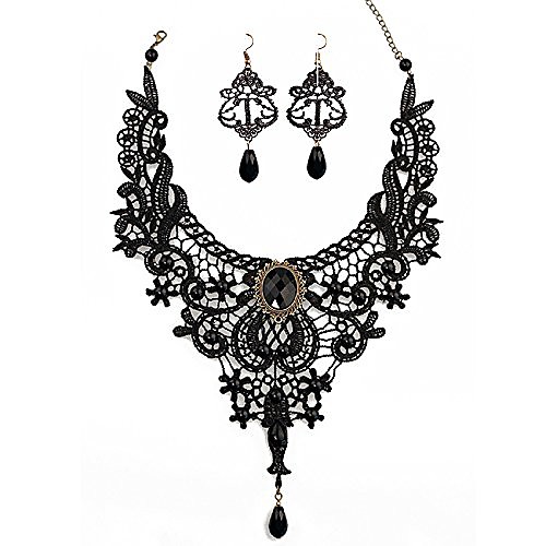 

black lace necklace earrings set, lace pendant choker and eardrop (black)
