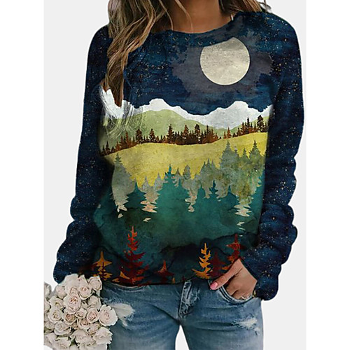 

Women's T shirt Scenery Long Sleeve Print Round Neck Tops Basic Basic Top Navy Blue Light Blue