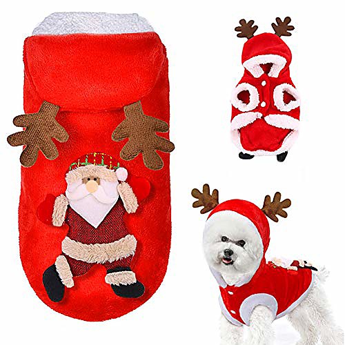 

christmas red elk pets costume with antler autumn and winter velvet pet hoodie coat cat and dog cosplay clothes santa claus costumes (l)