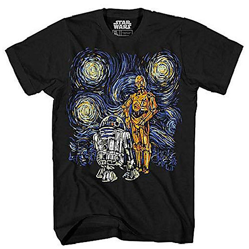 

starry night darth vader chewbacca han solo luke yoda r2-d2 c-3po van gogh adult men's graphic tee t-shirt black (4xl, r2-d2 & c-3po)