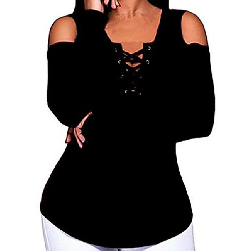 

women's club cold shoulder blouses sexy lace up deep v neck criss cross long sleeve shirts tee tops(bl,m)