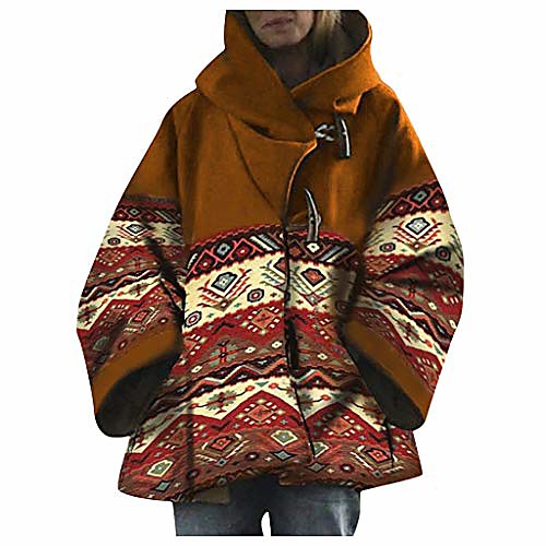 

womens jacket coat autumn winter warm casual retro printed color long sleeve claw button pockets coat