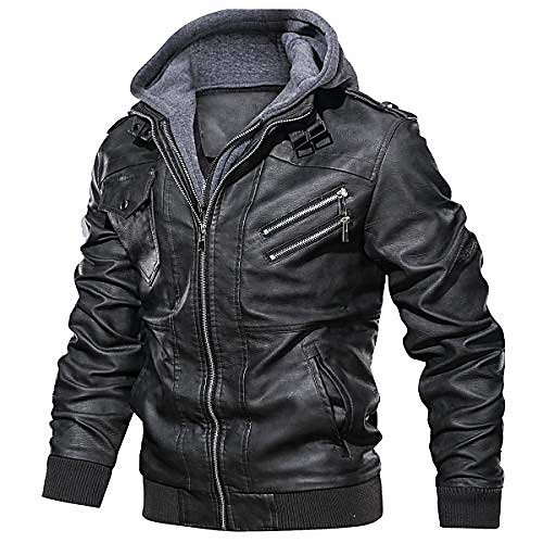 

men's faux jacket casual brown motorcycle jacket with removable hood