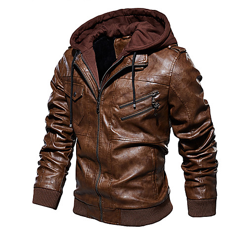 

Men's Solid Colored Drawstring Streetwear Fall & Winter Faux Leather Jacket Regular Daily Long Sleeve PU Coat Tops Black