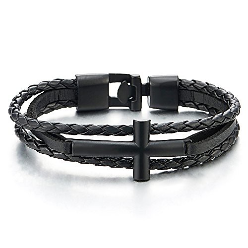 

black horizontal sideway lateral cross braided leather bangle bracelet men women three-row wristband