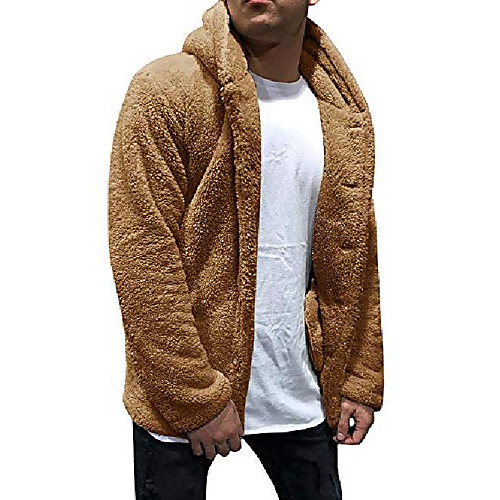 

mens fuzzy sherpa jacket hoodie fluffy fleece open front cardigan button down soft coat fall outwear winter warm thicken lined jackets with pocket for men brown