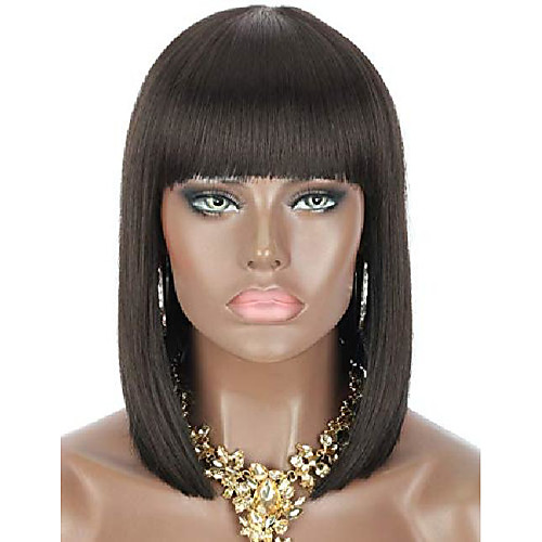 

12 darkest brown short bob wigs with hair bangs for women heat resistant yaki synthetic hair natural looking women's wigs