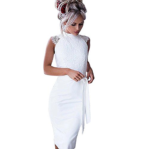 

womens dresses women's slim summer lace stitching sleeveless princess long dress with belt (m, white)