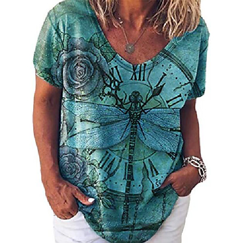 

womens tops casual summer v neck clock dragonfly floral printed short sleeve t-shirts for women rose red