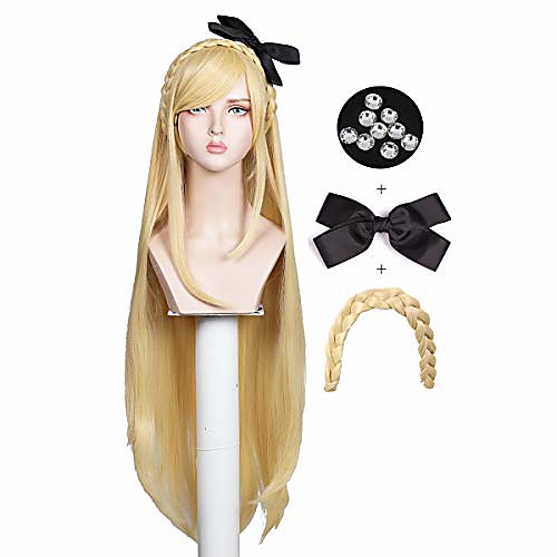 

long blonde wig with braid and black bow for halloween