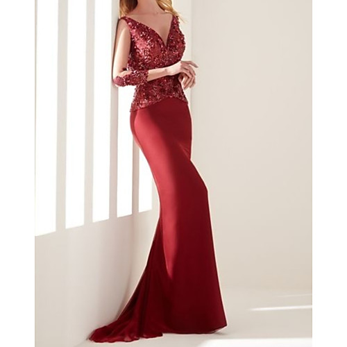 

Mermaid / Trumpet Elegant Sexy Wedding Guest Formal Evening Dress V Neck 3/4 Length Sleeve Sweep / Brush Train Chiffon Lace with Beading 2021