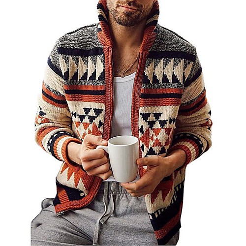 

Men's Unisex Cardigan Sweater Knitted Button Print Geometric Casual Long Sleeve Sweater Cardigans Shirt Collar Fall Winter Red