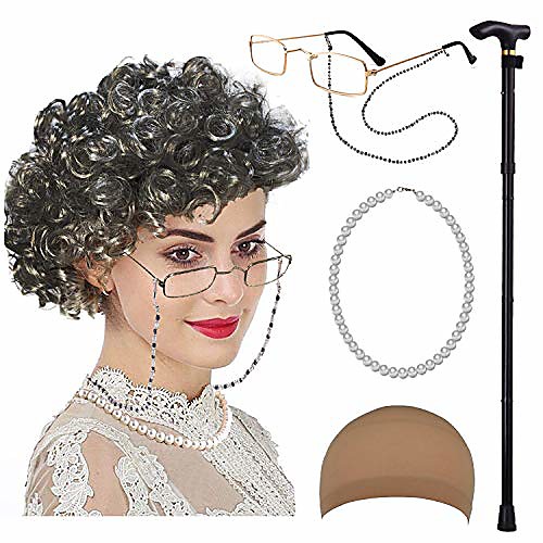 

old lady wigs - aunt gertie grandmother wig w/walking cane,madea granny glasses,set4