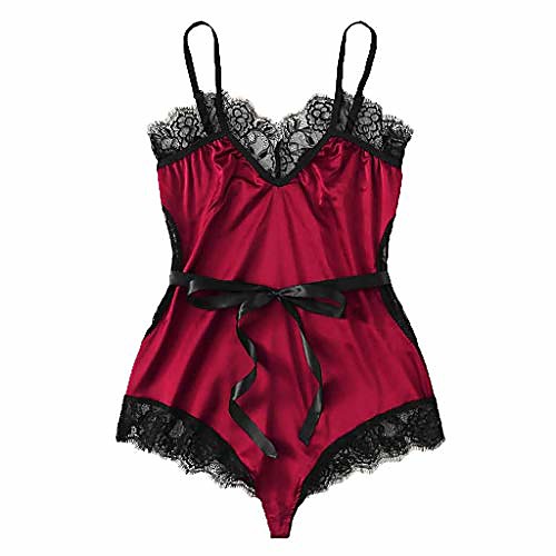 

women's lingerie teddy v neck halter teddy one piece bodysuit satin sleepwear sleeveless jumpsuit rompers red