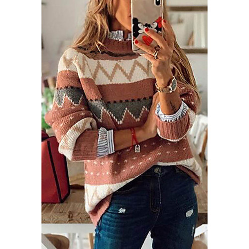 

Women's Knitted Color Block Sweater Long Sleeve Sweater Cardigans Crew Neck Fall Winter Blushing Pink