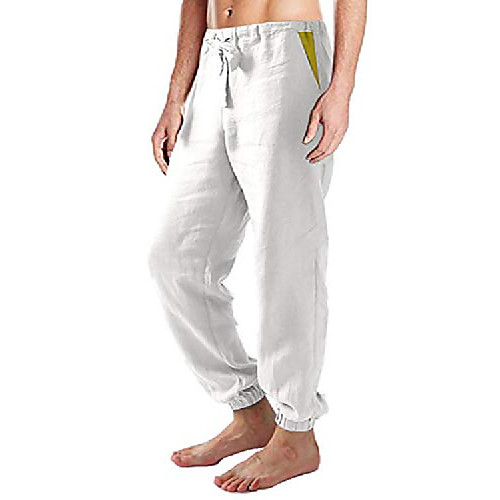 

men's patchwork linen pants elastic harem pants with pockets beige