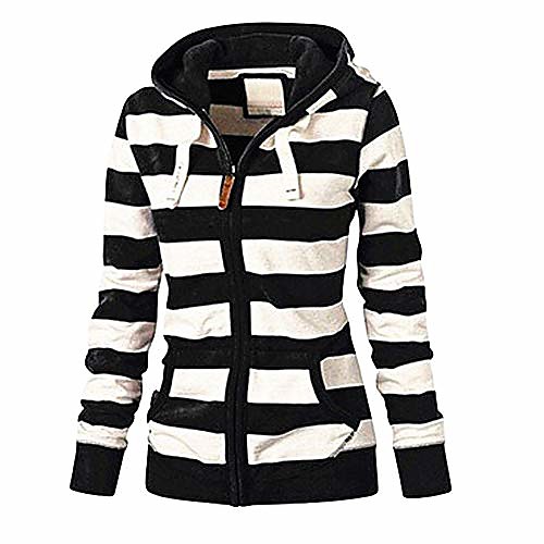 

Women Casual Hoodies Long Sleeve Striped Cotton Sweatshirt Soft Zipper Closure Sweater Tops with Pockets