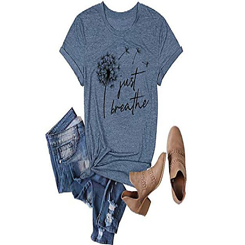 

womens dandelion graphic t-shirts casual summer letter print blouse just breathe shirts (blue, small)