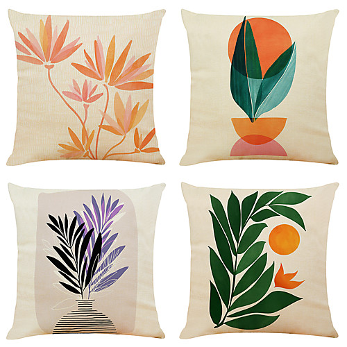 

Set of 4 Art Flowers Linen Square Decorative Throw Pillow Cases Sofa Cushion Covers 18x18