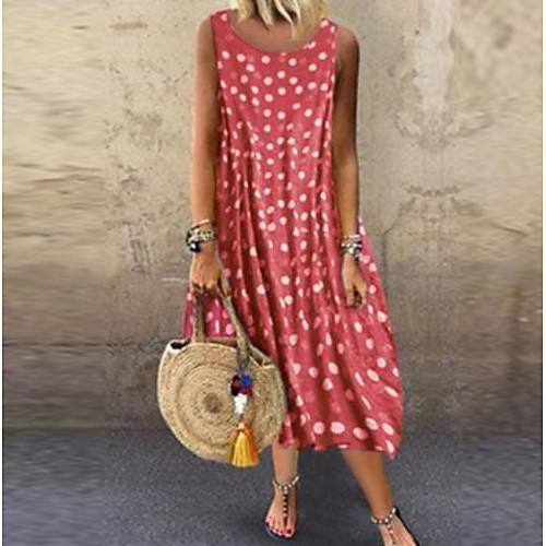 

Women's Swing Dress Knee Length Dress White Black Blue Purple Red Yellow Fuchsia Green Gray Sleeveless Polka Dot Print Summer Round Neck Casual Cotton 2021 S M L XL XXL 3XL 4XL 5XL
