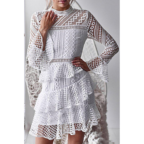 

Women's Sheath Dress Short Mini Dress White Black Long Sleeve Solid Color Lace Fall Elegant Casual 2021 S M L XL