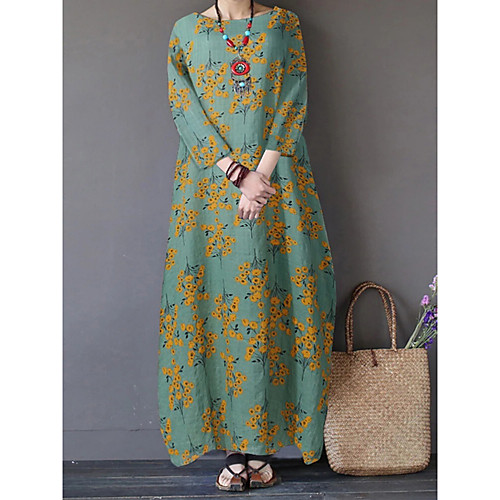 

Women's Shift Dress Maxi long Dress Red Blushing Pink Green 3/4 Length Sleeve Floral Print Print Fall Round Neck Work Casual Cotton 2021 M L XL XXL 3XL 4XL 5XL