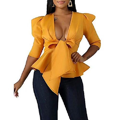 

women sexy deep v neck half sleeve blouses ruffles open front tie knot peplum tops shirts (large, yellow373)