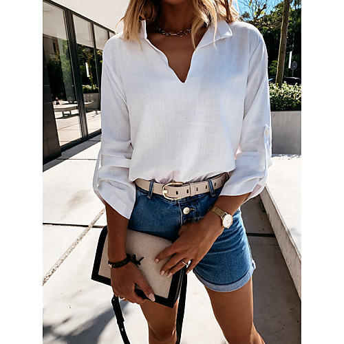 

Women's Blouse Shirt Solid Colored Long Sleeve Patchwork V Neck Tops Loose Basic Basic Top White