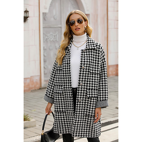 

Women's Houndstooth Basic Fall & Winter Peaked Lapel Coat Long Daily Long Sleeve Wool Coat Tops Black / Loose