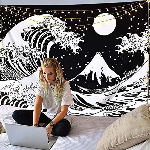 

japanese painting style kanagawa wave wall tapestry art decor blanket curtain hanging home bedroom living room decoration ukiyo-e sea tarot black white