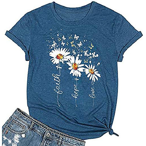 

women's faith hope love t-shirt casual cross daisy butterfly graphic tees tops (blue, xl)
