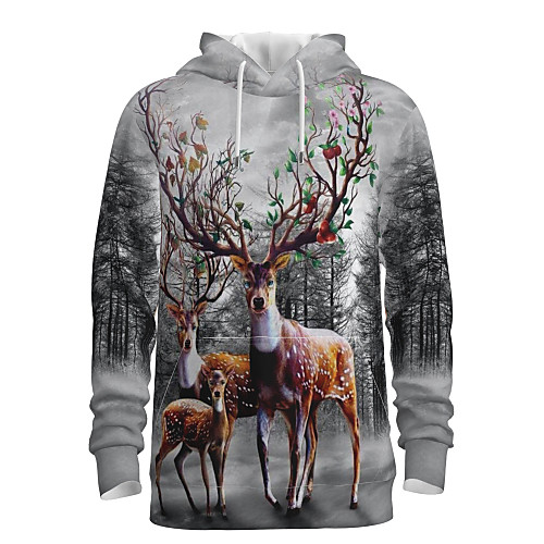 

Men's Pullover Hoodie Sweatshirt 3D Graphic Reindeer Hooded Christmas Christmas Hoodies Sweatshirts Long Sleeve Gray