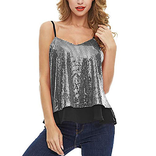 

women's sleeveless shining camisole sequined vest sequin tank tops (black silver, m)