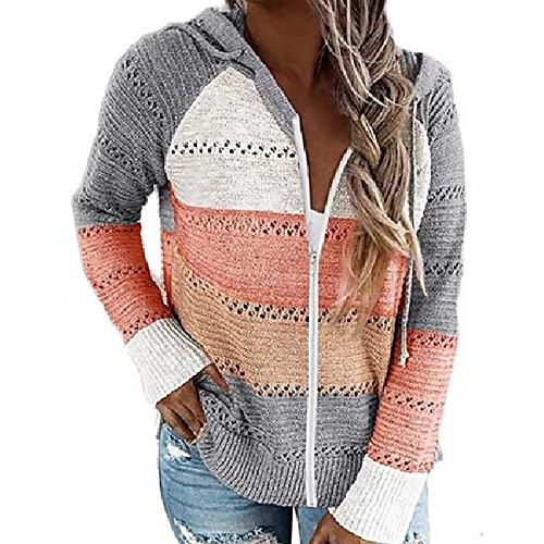 

women striped color block sweater cardigans casual v-neck long sleeve knitted sweater hollow out coat with hood grey