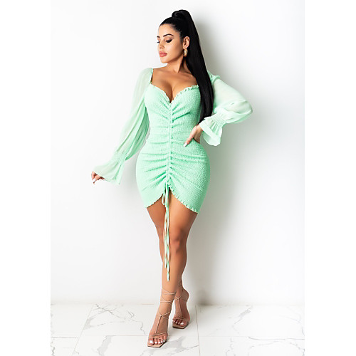 

Women's Sheath Dress Knee Length Dress White Black Blue Red Yellow Blushing Pink Light Brown 3/4 Length Sleeve Solid Color Ruched Lace up Patchwork Fall Summer Boat Neck Elegant Sexy Flare Cuff Sleeve