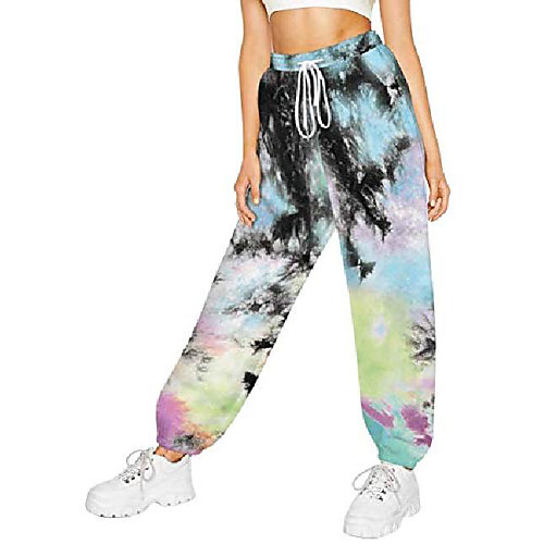 

women's tie dye sweatpants jogger drawstring loungewear pajama pants with pockets black&yellow x-large